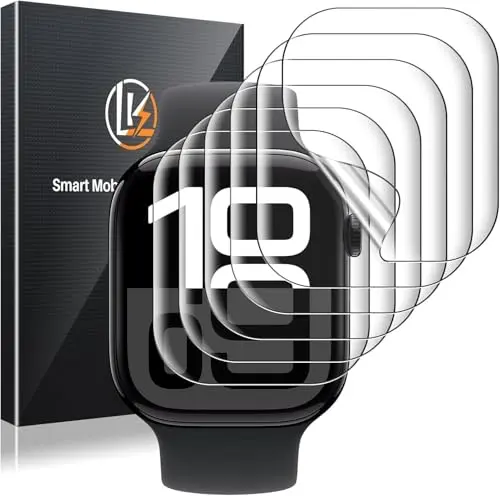 LK 6-pack of flexible TPU screen protectors for Apple Watch Series 10/11 46mm, shown with installation tools.