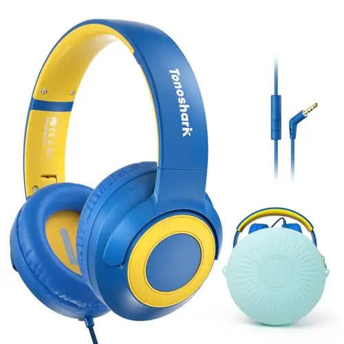 TONOSHARK HC01 blue over-ear kids headphones with a included silicone carry case.