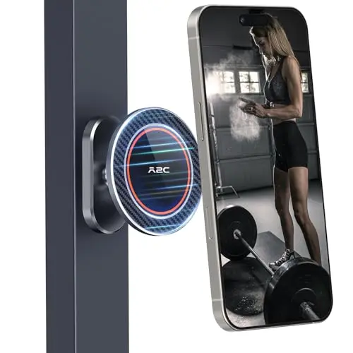 A2C All-Metal Gym Magnetic Phone Holder attached to a metal squat rack with a phone in portrait mode