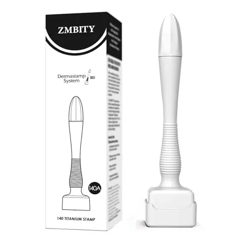 ZMSDBY titanium derma stamp with ergonomic white handle on a plain background