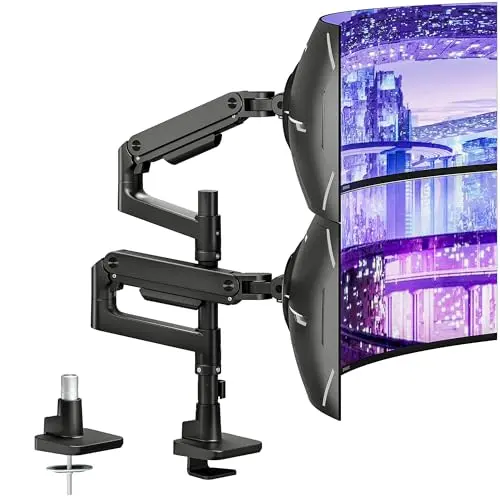 ARES WING heavy-duty dual monitor arm in a vertical stack configuration.