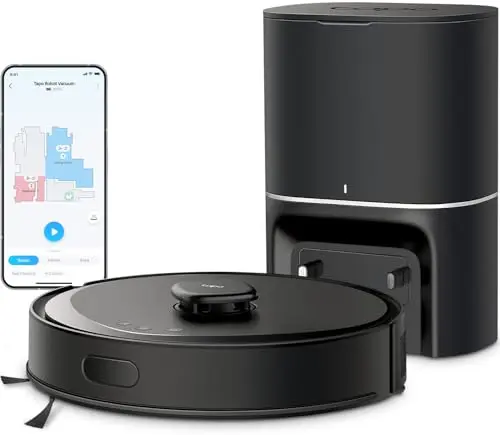 Tapo RV30 Max Plus robot vacuum with its docking station on a tile floor