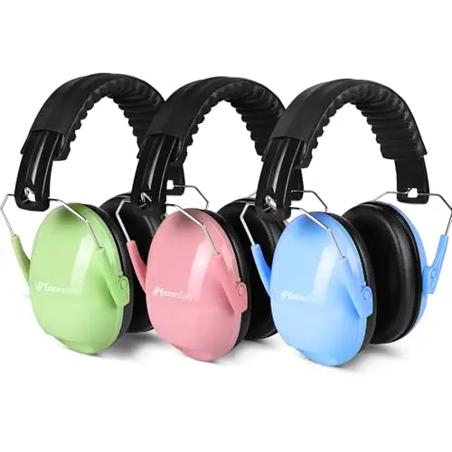 MelonArt 3-pack kids noise reduction earmuffs in blue, pink, and green