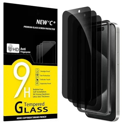 NEW'C 3-Pack Privacy Screen Protector for iPhone 15 Pro Max with installation tray on a dark background