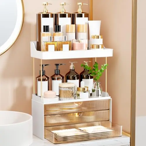 StorBin amber-toned makeup organizer with three large drawers and two open shelves.