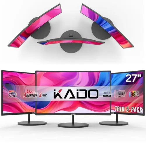 Three Kado 27-inch curved monitors set up in a triple configuration for sim racing