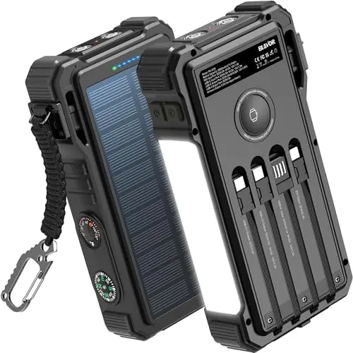 BLAVOR 20000mAh solar power bank with multiple built-in cables and a flashlight.