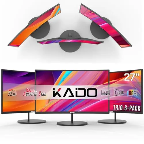 Three Kado 27-inch curved monitors in a triple setup on a desk