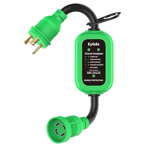 Green EyGde adapter converting a 3-prong L5-30P plug to a 4-prong L14-30R outlet with surge protection.