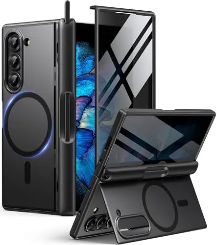 BERFY case for Z Fold 6 with privacy screen protector, shown with kickstand open