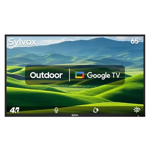 SYLVOX 65-inch Patio Series outdoor television showing clear image in a shaded backyard