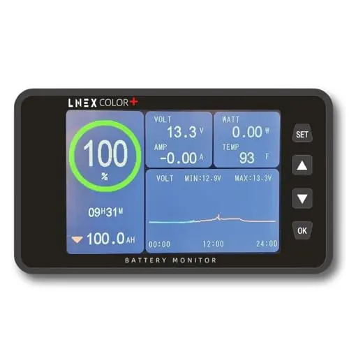 LNEX 500A battery monitor with large 3.5-inch color screen showing data
