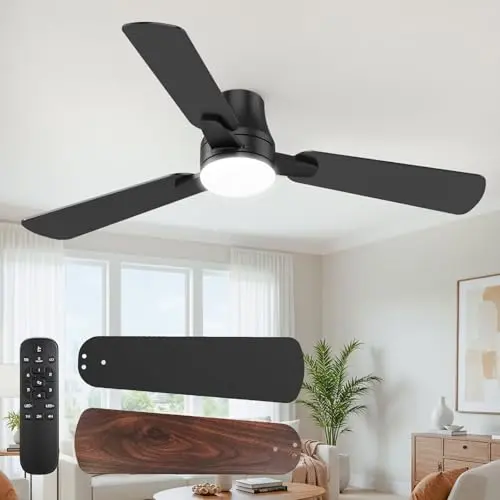 OSTIVE 42 inch modern black low profile ceiling fan with pre-installed light