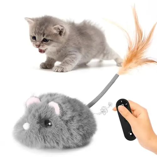 Pawingcat plush remote control cat toy mouse with feather tail