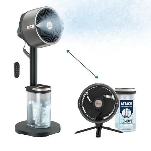 Shark FlexBreeze Pro misting fan in charcoal grey on a patio table