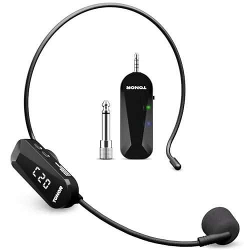 TONOR wireless headset microphone with compact transmitter and 2-in-1 design