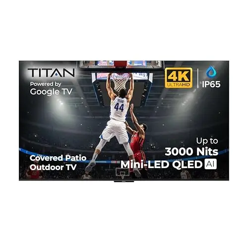 Titan G100 65-inch Mini-QLED weatherproof smart TV with slim bezel in a covered patio setting