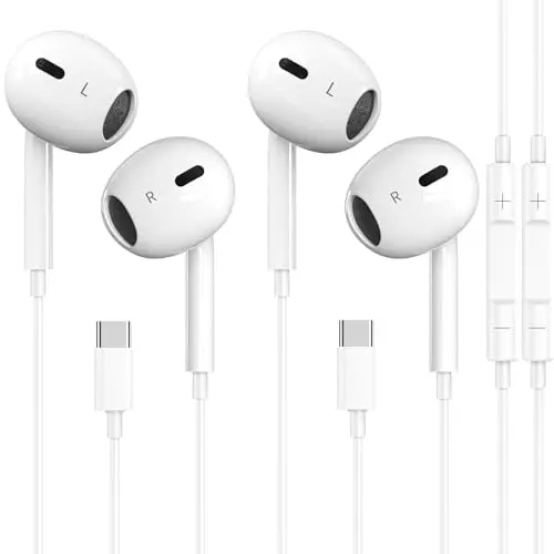 Docutca white USB-C wired earbuds, two-pack bundle