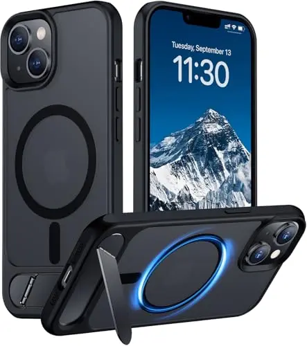 TEMDAN black magnetic case with invisible kickstand for iPhone 14 or 13
