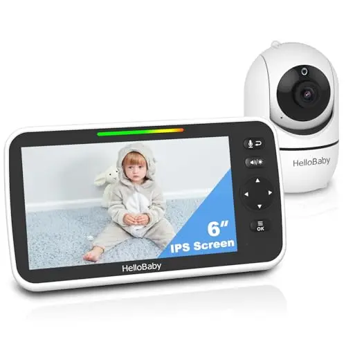 HelloBaby 6 inch split-screen baby monitor showing clear display with pan-tilt camera