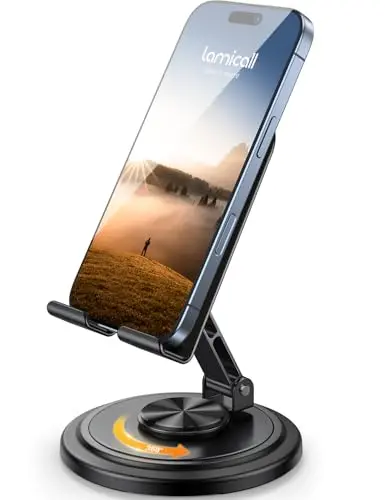 Lamicall black desk phone stand with 360-degree rotation and weighted base