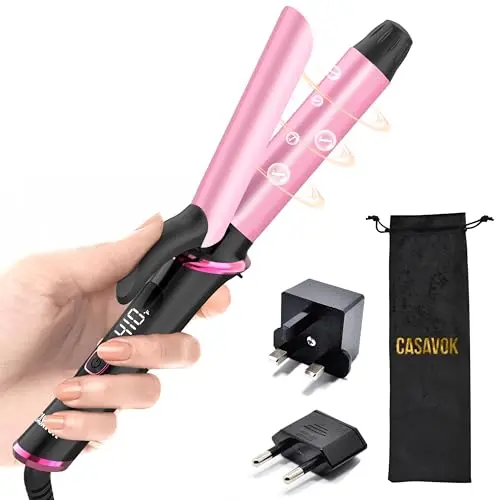 Casavok Pink Mini Dual Voltage Curling Iron with EU/UK Adapters