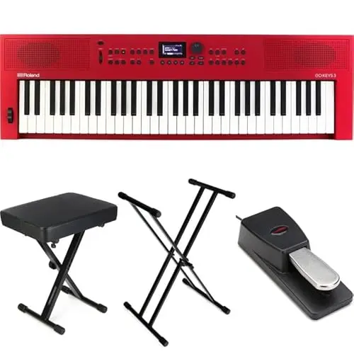 Roland GO:KEYS 3 red keyboard with stand, bench, and pedal bundle