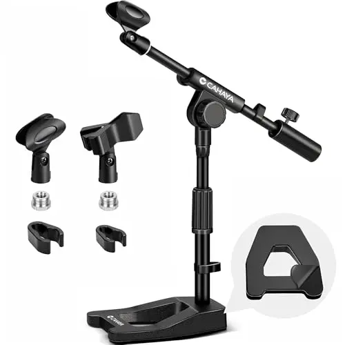 CAHAYA black A-frame desktop microphone stand with a counterweight on the boom arm