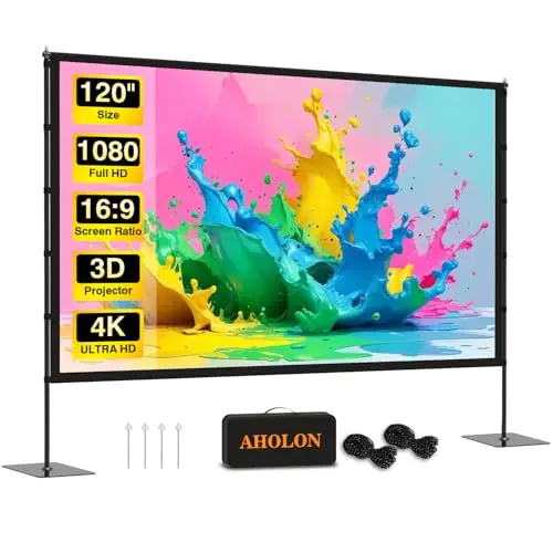 AHOLON 120-inch outdoor projector screen with weighted stand set up at dusk