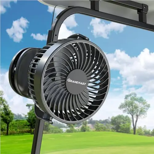 GRANDFAST rechargeable clip-on golf cart fan with 4000mAh battery and 360 pivot