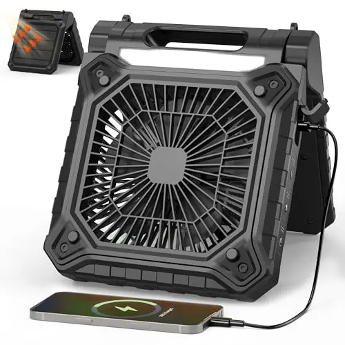 KITWLEMEN 10.2 inch black solar camping fan with light and handle