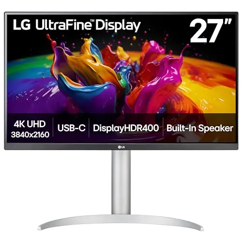 LG 27UP850K-W Ultrafine 4K monitor with adjustable white stand.