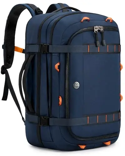 Tolaccea navy blue expandable travel backpack with separate wet/dry compartments open