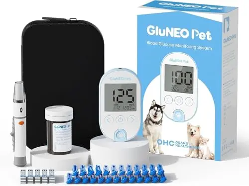 OHC GluNEO wireless pet blood glucose monitoring system with smartphone app.