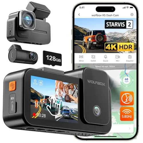 WOLFBOX X5 3-channel dash cam with touchscreen display mounted in a car