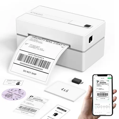 KNAON white thermal label printer with assorted printed labels
