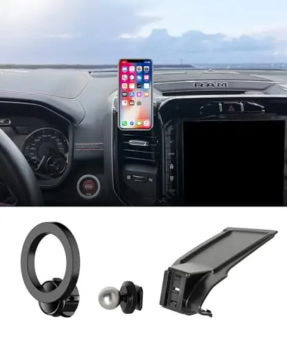 MaserWeller clip-on magnetic phone holder attached to a Ram truck's 12-inch touchscreen.