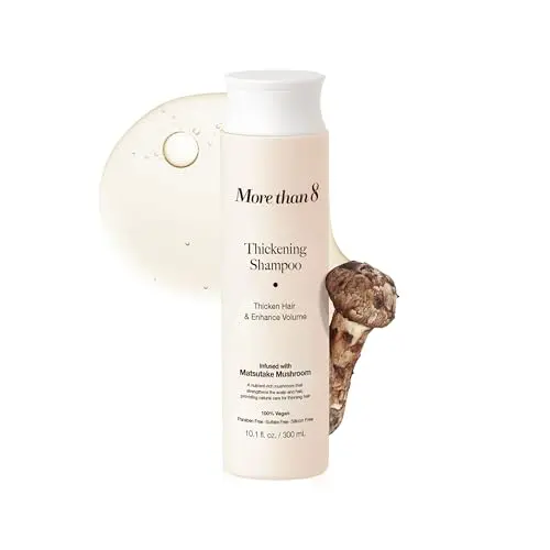 Morethan8 Korean Hair Thickening Shampoo bottle with clear liquid