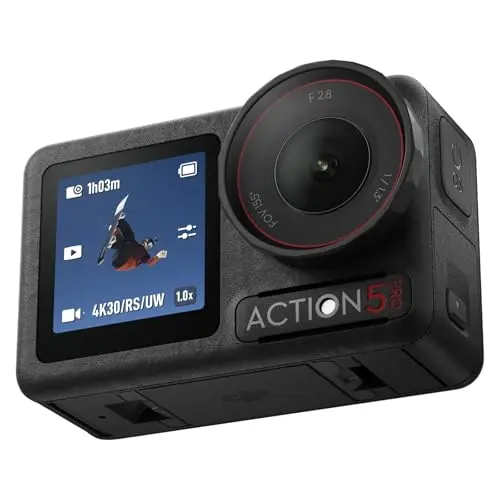 DJI Osmo Action 5 Pro action camera mounted on a motorcycle helmet