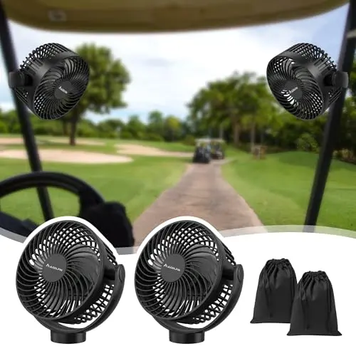 Two MAGOLFIN black magnetic fans with LED lights attached to a golf cart's metal frame