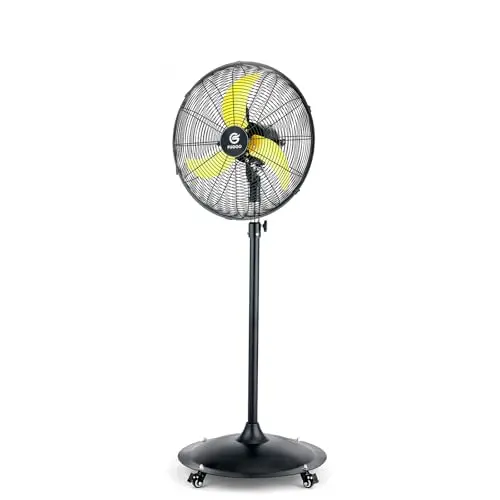 FUGOO black industrial pedestal fan with wheels in a garage or patio