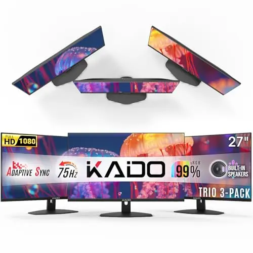 Three Kado 27-inch flat monitors arranged side-by-side in a triple setup