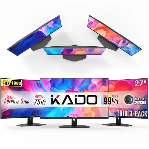 Three Kado 27-inch flat monitors arranged in a triple setup