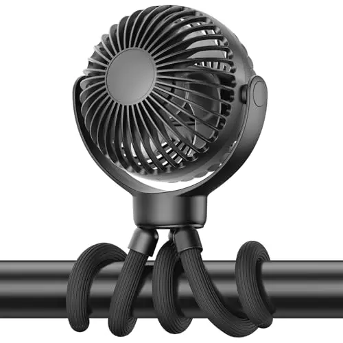 VETIFINAL small black personal fan with flexible neck clipped to a stroller.