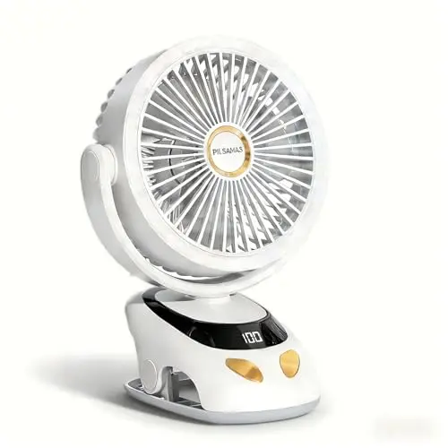 PILSAMAS white clip-on fan with built-in LED light ring and digital display.
