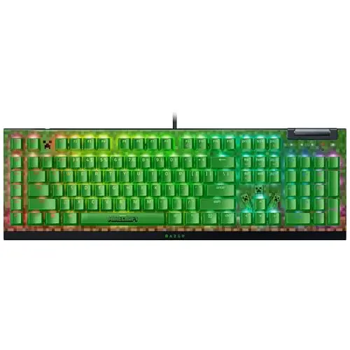Razer BlackWidow V4 X Minecraft Edition gaming keyboard with green switches and themed lighting.