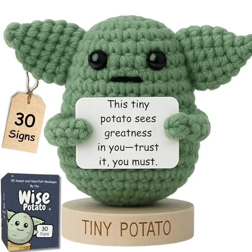 Handmade crochet Baby Yoda (Grogu) doll holding small affirmation cards