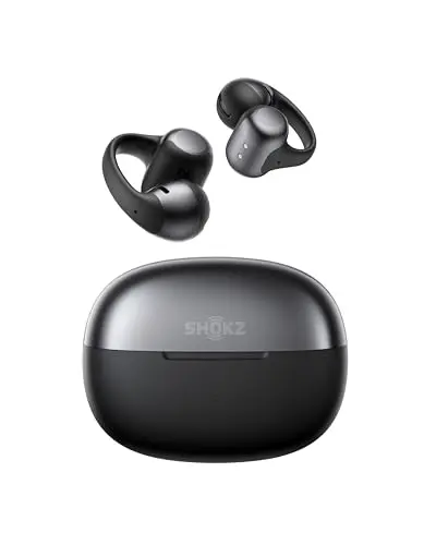 SHOKZ OpenDots ONE open-ear clip-on earbuds in black charging case