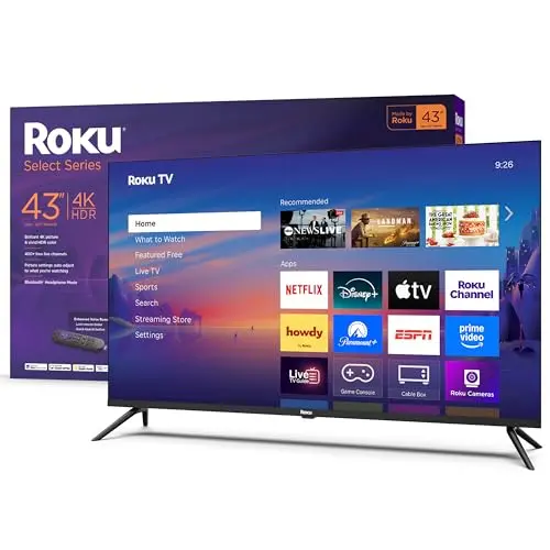 Roku 43-inch 4K smart television with voice remote on a stand