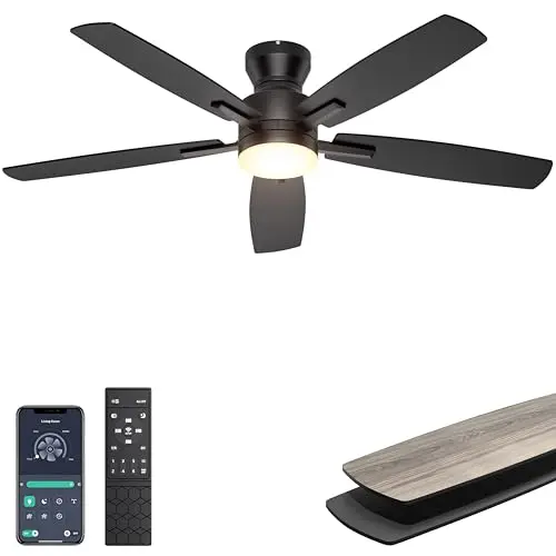 Ohniyou 52 inch black low profile ceiling fan with integrated light and remote control